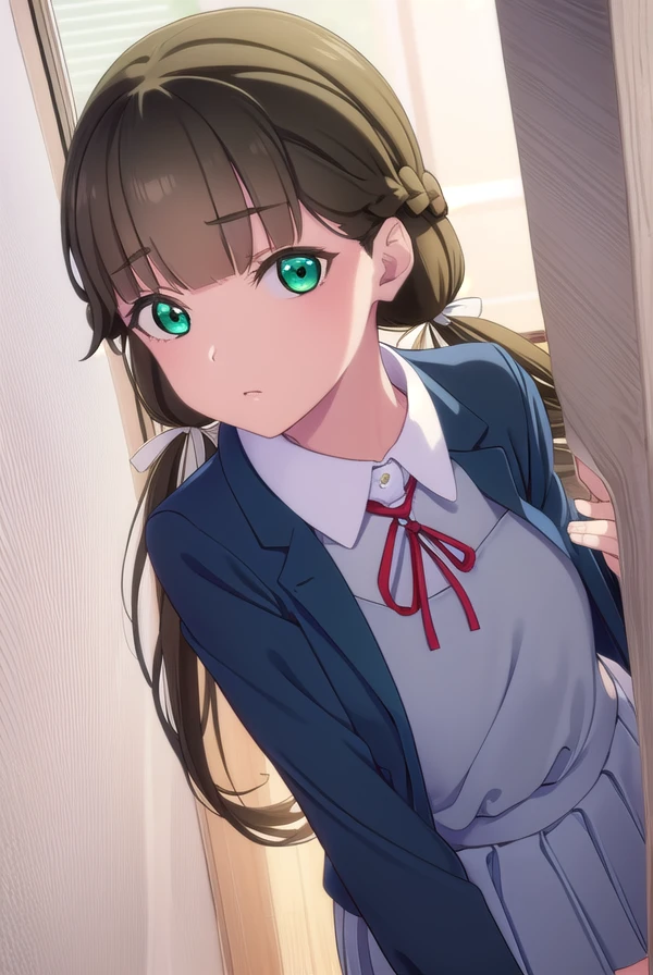 kinakosakurakouji, <lora:kinako sakurakouji s2-lora-nochekaiser:1>,
kinako sakurakouji, long hair, bangs, brown hair, twintails, (green eyes:1.3), hair ribbon, braid, blunt bangs, low twintails,
BREAK shirt, dress, ribbon, school uniform, jacket, white shirt, open clothes, collared shirt, open jacket, red ribbon, neck ribbon, blue jacket, pinafore dress, grey dress, yuigaoka school uniform,
BREAK indoors, classroom,
BREAK looking at viewer, (cowboy shot:1.5),
BREAK <lyco:GoodHands-beta2:1>, (masterpiece:1.2), best quality, high resolution, unity 8k wallpaper, (illustration:0.8), (beautiful detailed eyes:1.6), extremely detailed face, perfect lighting, extremely detailed CG, (perfect hands, perfect anatomy),