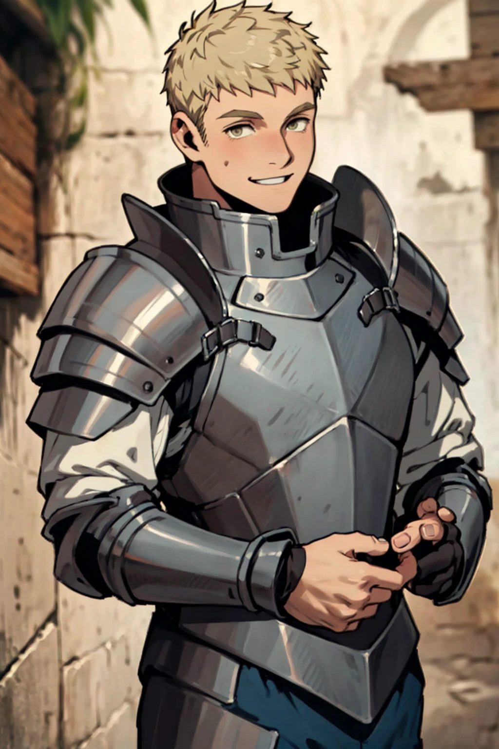 (1 image only),  solo male,  1boy,  Laios Touden,  Delicious in Dungeon,  knight,  blond hair,  short hair,  light gold eyes,  average height,  silver plate armour,  silver gauntlets,  white shirt under armor,  silver knee guards,  simple brown boots,  smile,  handsome,  charming,  alluring,  standing,  upper body in frame,  perfect anatomy,  perfect proportions,  2d,  anime,  (best quality,  masterpiece),  (perfect eyes,  perfect eye pupil),  high_resolution,  dutch angle,  dungeon location,  (Hands:1.1),  better_hands,<lora:EMS-498-EMS:0.300000>,<lora:EMS-290586-EMS:0.600000>