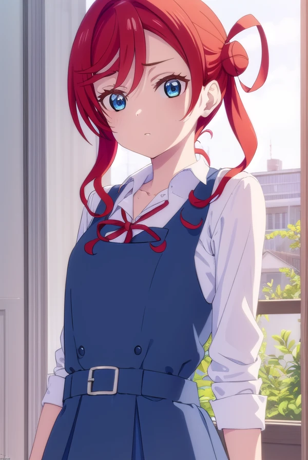 meiyoneme, <lora:mei yoneme s2-lora-nochekaiser:1>,
mei yoneme, bangs, blue eyes, hair between eyes, red hair, hair bun, single hair bun, single side bun,
BREAK shirt, dress, ribbon, school uniform, jacket, white shirt, open clothes, collared shirt, open jacket, red ribbon, neck ribbon, blue jacket, pinafore dress, grey dress, yuigaoka school uniform,
BREAK indoors, classroom,
BREAK looking at viewer, (cowboy shot:1.5),
BREAK <lyco:GoodHands-beta2:1>, (masterpiece:1.2), best quality, high resolution, unity 8k wallpaper, (illustration:0.8), (beautiful detailed eyes:1.6), extremely detailed face, perfect lighting, extremely detailed CG, (perfect hands, perfect anatomy),