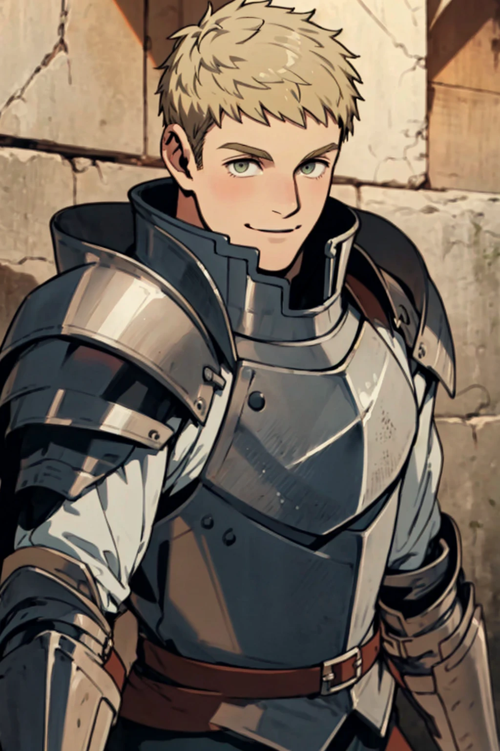 (1 image only),  solo male,  1boy,  Laios Touden,  Delicious in Dungeon,  knight,  blond hair,  short hair,  light gold eyes,  average height,  silver plate armour,  silver gauntlets,  white shirt under armor,  silver knee guards,  simple brown boots,  smile,  handsome,  charming,  alluring,  standing,  upper body in frame,  perfect anatomy,  perfect proportions,  2d,  anime,  (best quality,  masterpiece),  (perfect eyes,  perfect eye pupil),  high_resolution,  dutch angle,  dungeon location,  (Hands:1.1),  better_hands,<lora:EMS-498-EMS:0.300000>,<lora:EMS-290586-EMS:0.600000>