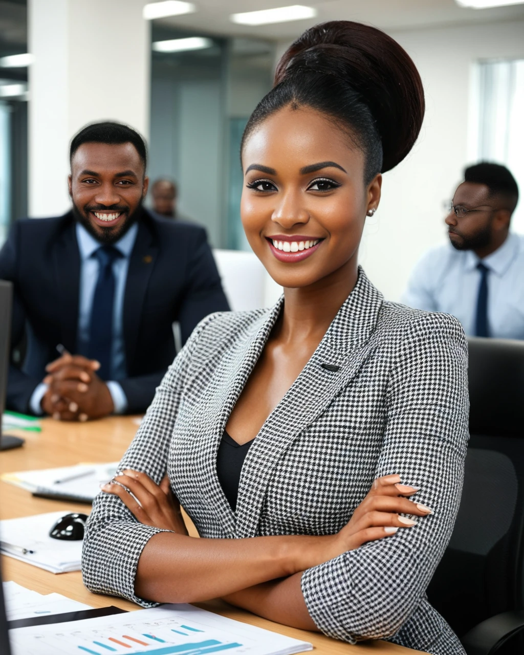 ((an attractive nigeran woman with in an office with a men in the background working)), modern office background, high quality, ultra-detailed, dramatic angle, sly smile, perfect hands,