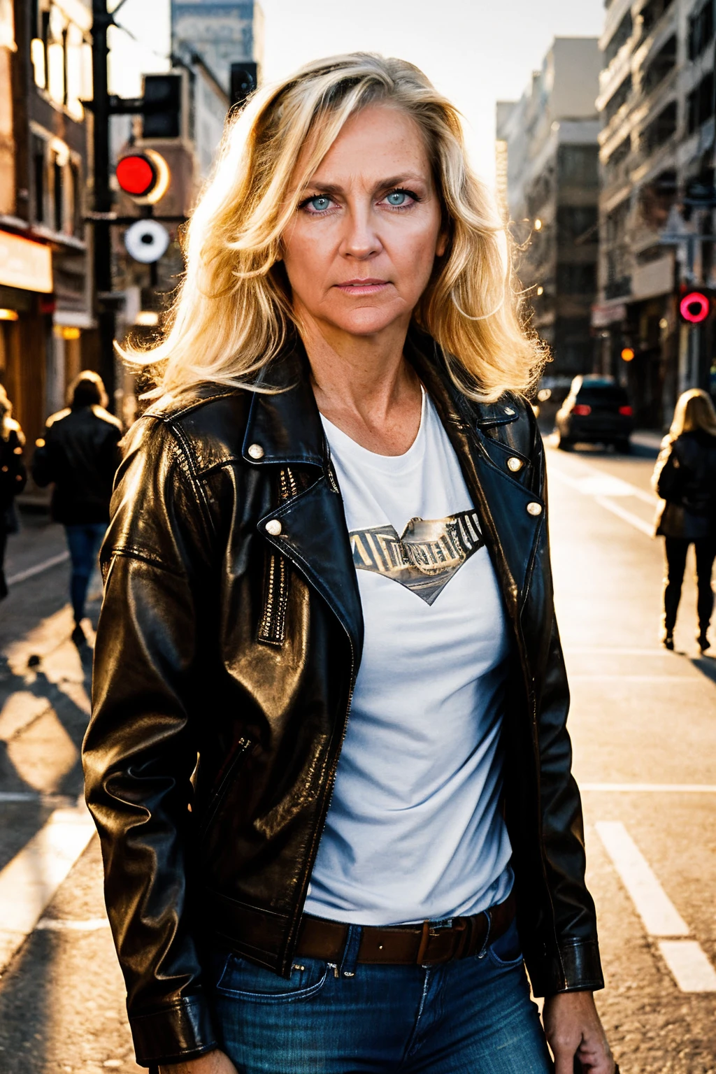 a RAW photo, portrait of allover30kathleen, wearing leather jacket, city street, golden hour, cinematic shot, volumetric lighting, detailed eyes and face, magnificent, epic, sharp focus, dlsr, rim lights, blurry background, best quality, highly detailed, masterpiece, 8k, <lora:add_detail:1>, <lora:allover30kathleen:1>,