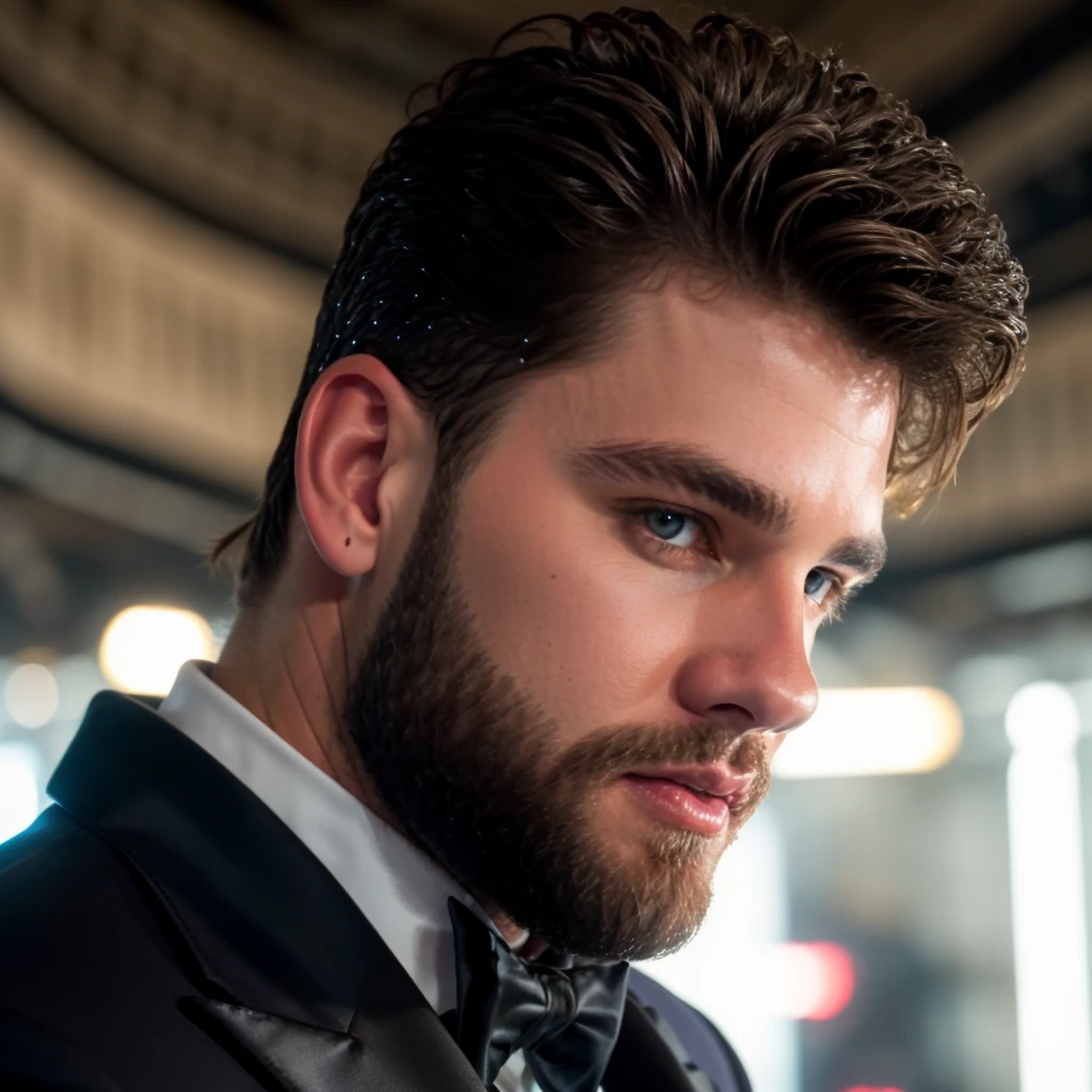 face portrait of lincolnbriniak person using a tuxedo, in blade runner, professional photography, high resolution, 4k, detailed photo,  <lora:lincolnbriniak_56700:1>