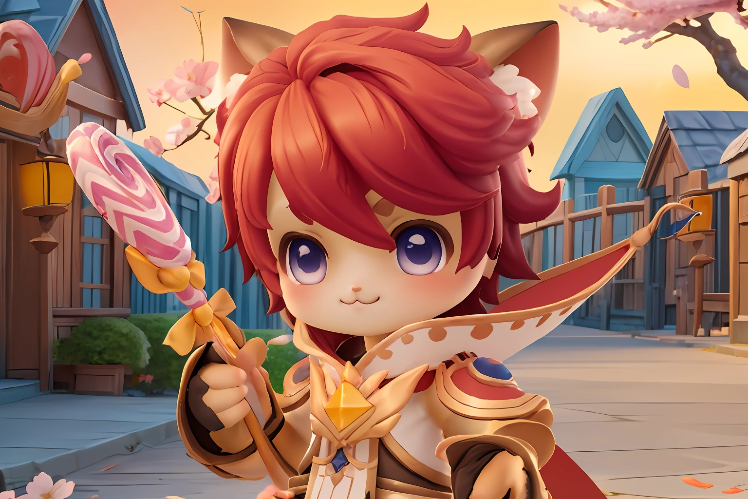 chibi, masterpiece, best quality, ultra-detailed, 1boy, solo, red hair,  ragnarok_doram_m, smile, holding candy, holding lollipop,  cowboy shot, looking at viewer,  cherry blossoms, Golden hour gleam theme, vivid colors, tranquil and magical atmosphere, cartoon rendering,
<lora:ragnarok_doram_m-10:0.8> <lora:add_detail:0.5>