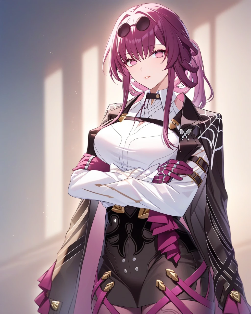 masterpiece,best quality,<lora:star_rail_all:1>,1girl,solo,pink hair,ponytail,sunglasses,black choker,black jacket,black skirt,collared shirt,crossed arms,eyewear on head,highres,honkai: star rail,honkai \(series\),jacket on shoulders,kafka \(honkai: star rail\),long sleeves,looking at viewer,multicolored eyes,pink eyes,pink gloves,purple eye,white shirt,