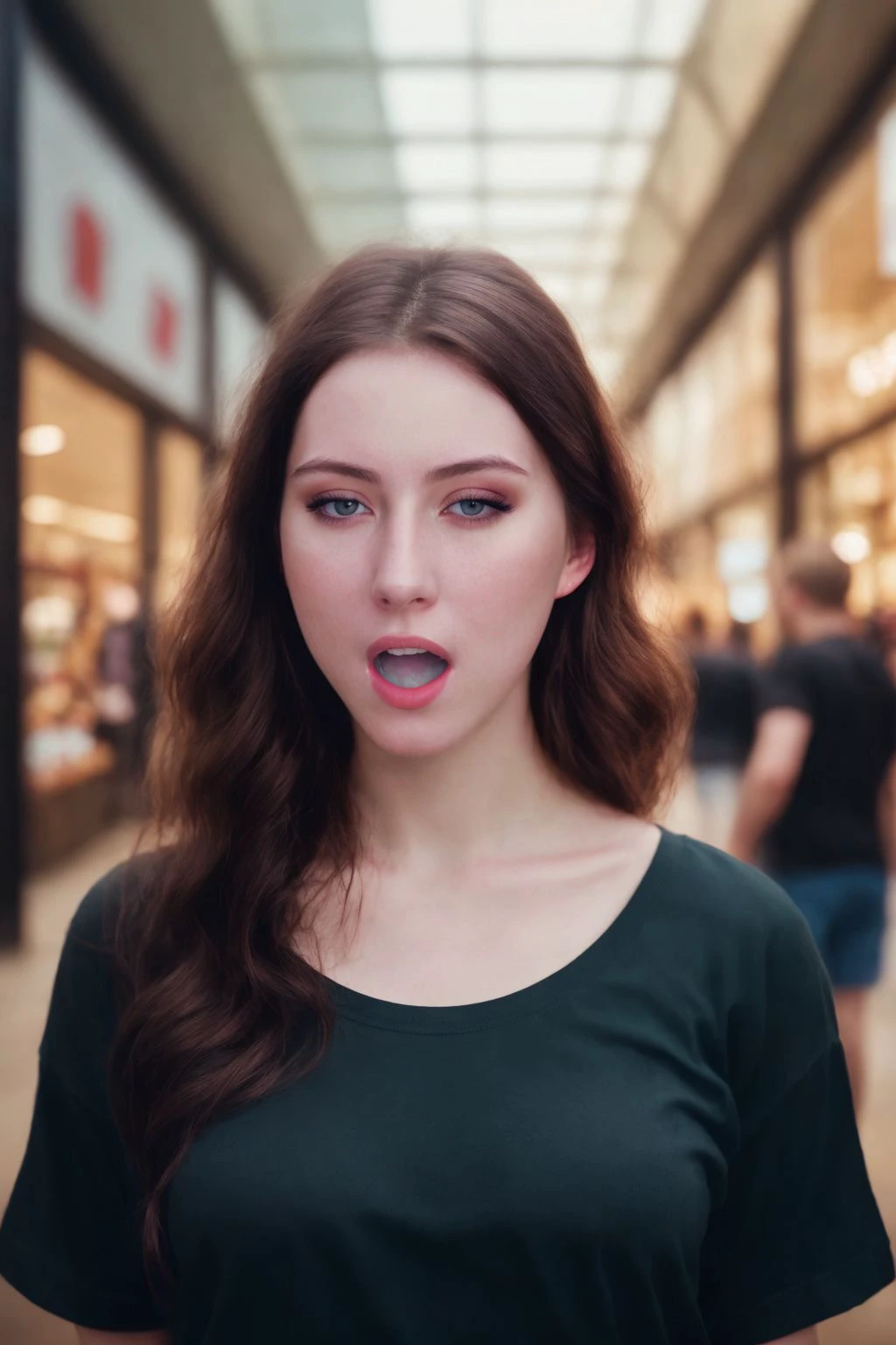 amateur portrait of a beautiful 22 year old pale woman, in a within a bustling shopping center , black t-shirt, open mouth, subsurface scattering, f2, 35mm, film grain, iphone <lora:cuminm:1>