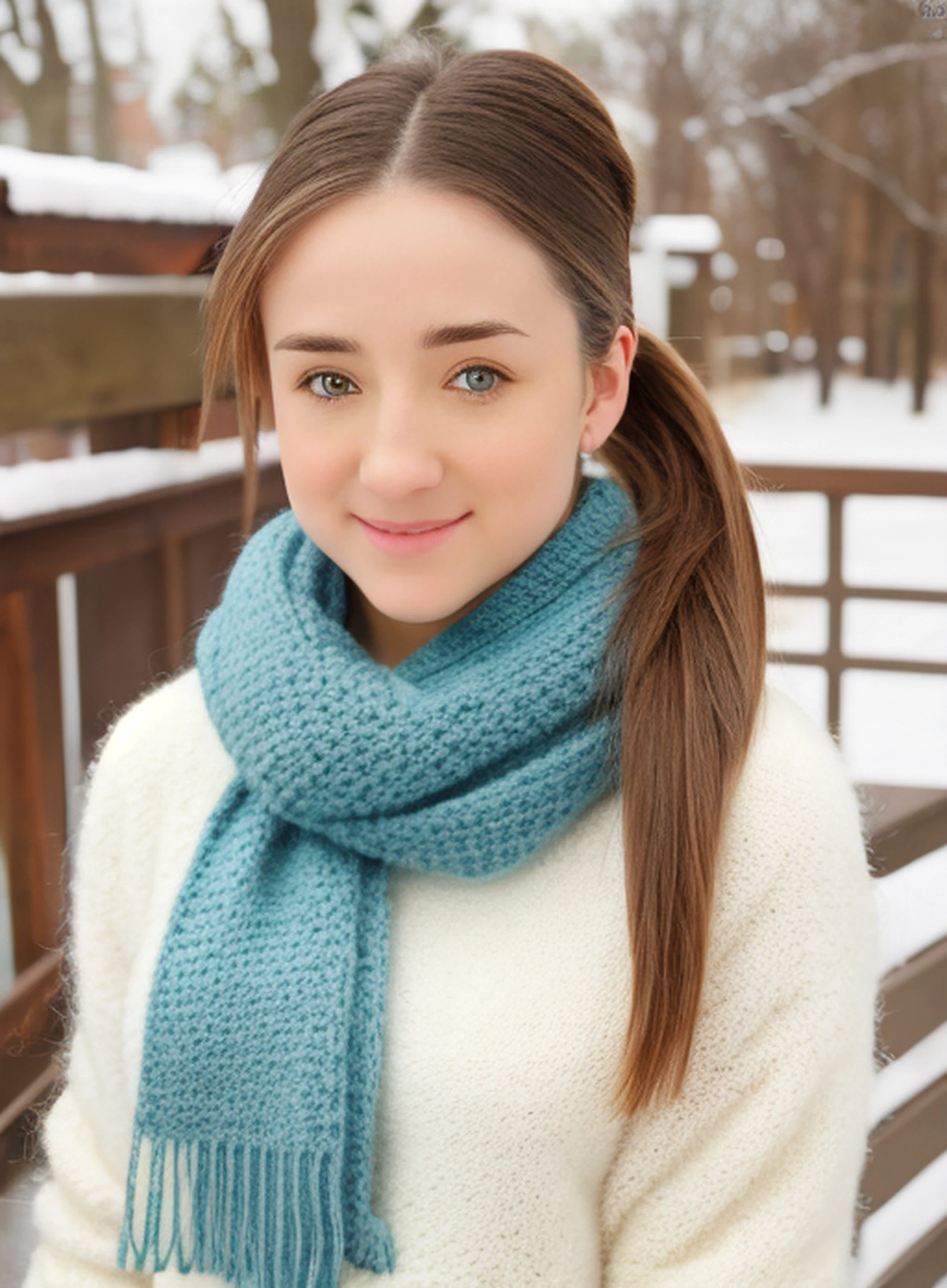<lora:bailey_v1.0:1> 8ail3y, solo, fluffy sweater, scarf, outdoor winter scene, short ponytail, hazel eyes