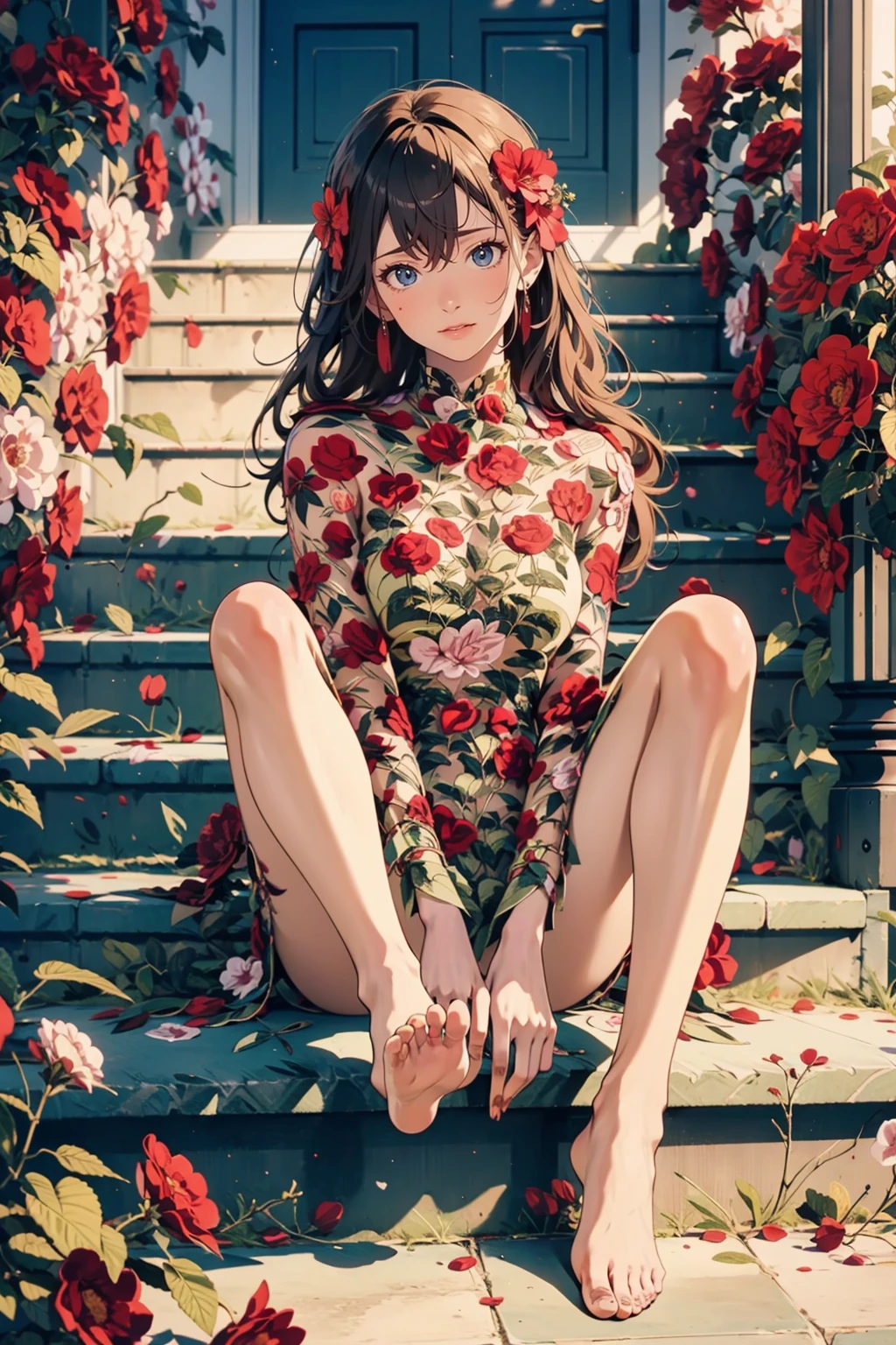 1girl,solo,medium breasts,outdoors,<lora:GoodHands-beta2:1>,(full body:1.3),(spread legs:1.2),<lora:0223 flower_v1:0.9>,ruanyi0223,flower,nude,barefoot,sitting,sitting on stairs,, best quality,masterpiece,highres,official art,extremely detailed cg unity 8k wallpaper