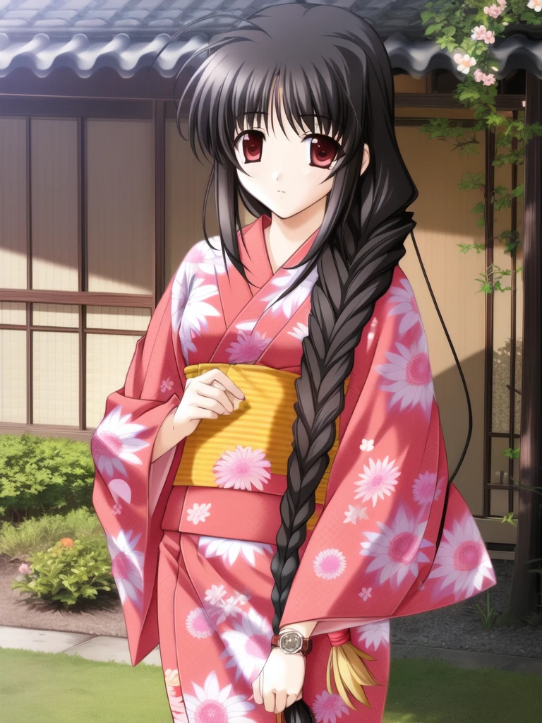 <lora:Mashita_Haruka:0.8>, MashitaHaruka, 1girl, solo, japanese clothes, kimono, braid, watch, wristwatch, single braid, floral print, long sleeves, pink kimono, sash, obi, red kimono, looking at viewer, Japanese, outdoor, sku,
masterpiece, high quality, very_high_resolution, large_filesize, full color,