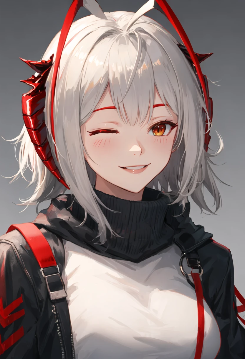 best quality, masterpiece, highres, solo, {w_arknights:0.90}, smile, happy, one_eye_closed, portrait, looking at viewer