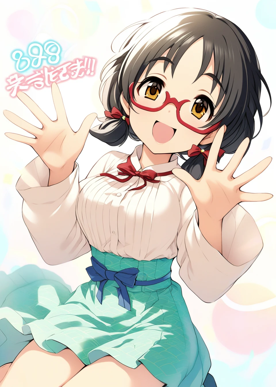<lora:Asano Fuka:1>,fullbody,halfbody,head,The image showcases an animated female character with short,black hair adorned with red ribbons. She has a cheerful expression,with her eyes wide open and her mouth slightly agape. The character is dressed in a white blouse with a green and blue patterned skirt. She's gesturing with both hands,displaying a playful or celebratory gesture. Above her,there's a speech bubble with Japanese text that reads '88!',which likely indicates her age. The background of the image is a soft pastel palette with light blue and pink hues,and there's a text that says 'Happy 8th Anniversary'.,, masterpiece, best quality,