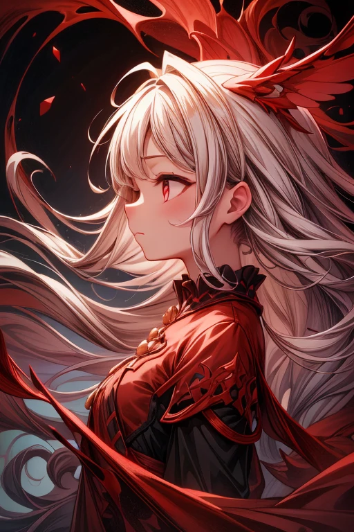 (red theme:1.3), best quality,Epic,highly detail,Illustration,Cover,enigmatic figure,draped in translucent fabric,crystals adorning hair,dreamlike swirl,pastel hues,soft light,evoking calm serenity and elusive beauty,Non-representational,colors and shapes,expression of feelings,imaginative,highly detailed, from_side