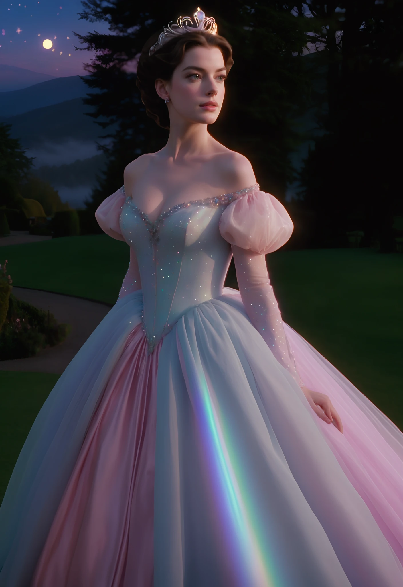 Dvd Screenshot from 2002 royal movie, beautiful dark-haired young white woman (anne hathaway), screengrab from Bridgerton (2022) , multicolored, pastel, sweet pale pink gown ballgown, large sleeves, beaded sleeves, iridescent, off-shoulder, ethereal, holographic, full body view of dress, twilight, moonlight, 35 mm