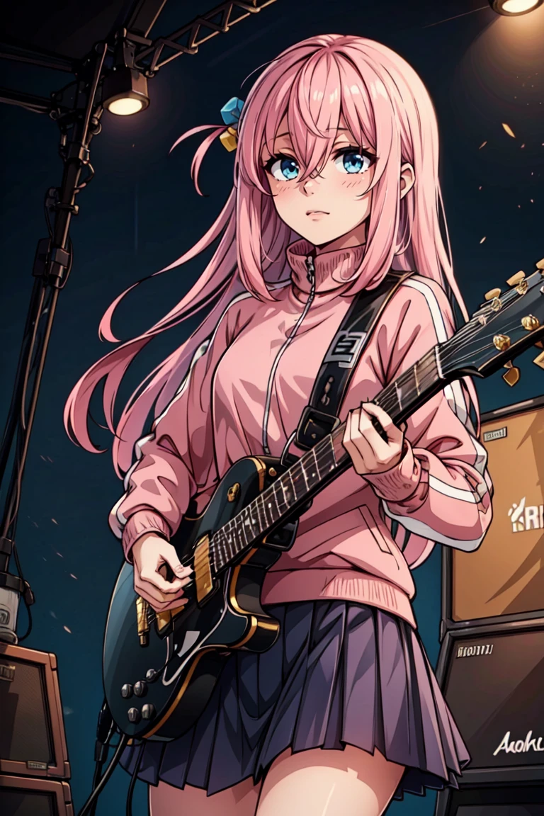 ((masterpiece,best quality)), gotou1, gotou hitori, solo, skirt, pink jacket, track jacket, bangs, hair between eyes, long sleeves, <lora:gotou_hitori_v1:0.7>, stage, holding instrument, guitar,
