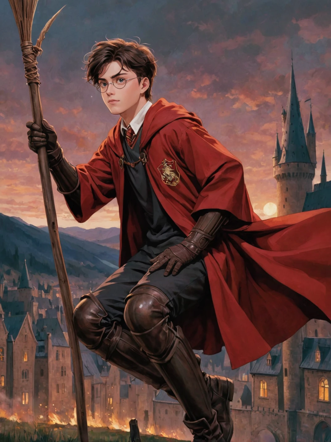 anime art, anime coloring, a boy wearing a gryffindor quidditch uniform, elbow protections, armor, trausers, red robe, witch broom, hogwarts, gryffindor emblem, low angle, muted colors, dark palette, hazy twilight, (looking away, looking far:1.3) <lora:harry_potter_v1:1.1>