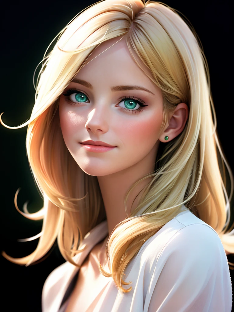 A beautiful ch3rylt woman, 1girl,solo,smile,blonde hair,closed mouth,green eyes,lips,looking to the side,makeup,traditional media,black background,portrait,realistic,soft lighting, professional Photography, Photorealistic, detailed, RAW, analog, sharp focus, 8k, HD, high quality, masterpiece<lora:ch3rylt:1.0>