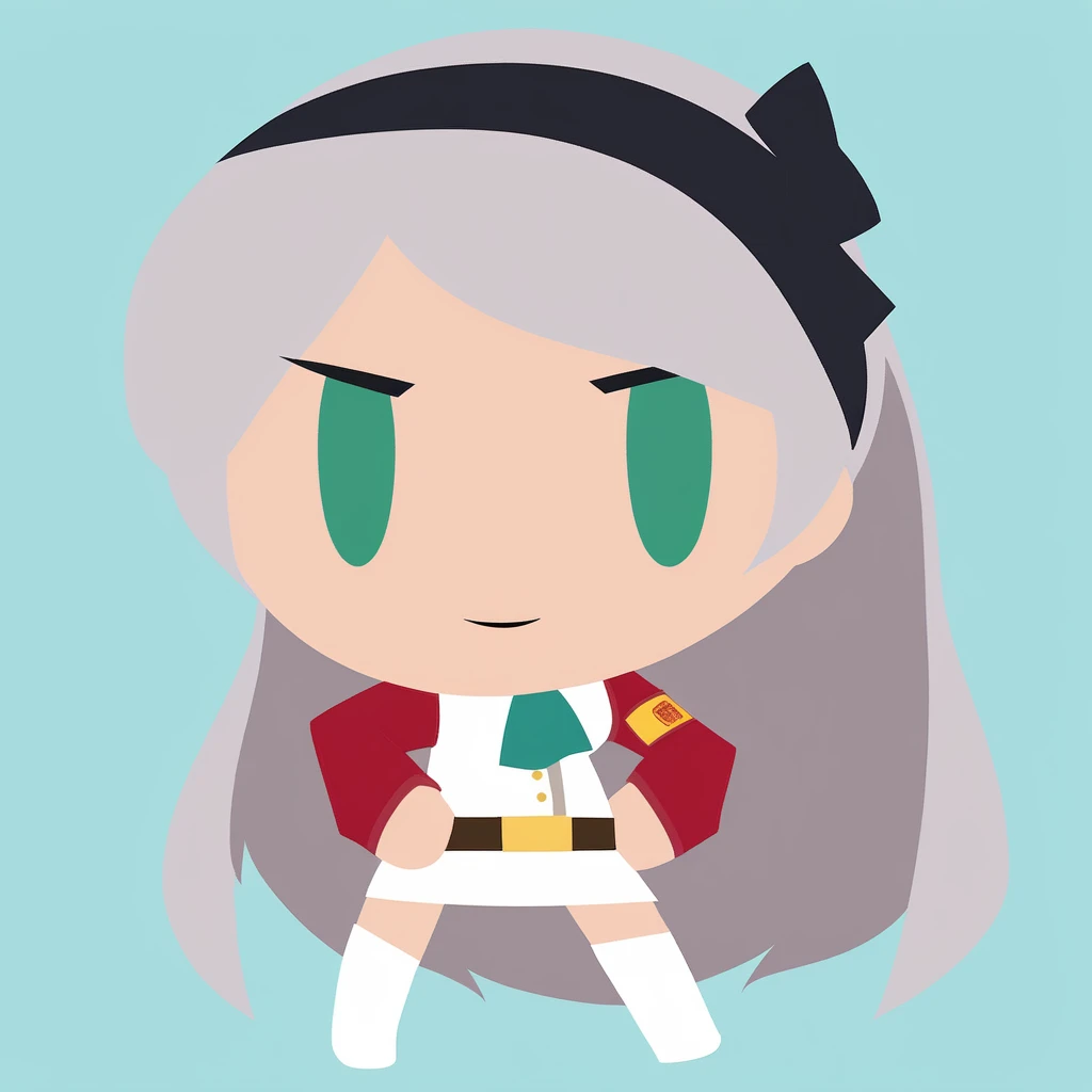simple background, flat color, no lineart, chibi, solo, 1girl, elie macdowell, green eyes, black hairband, hair ribbon, long hair, ascot, uniform, long red sleeves, white dress, pencil skirt, belt, pantyhose, white boots <lora:style_helltakerchibi_xl-000005:1> <lora:elie-xl-nvwls-v1:1>