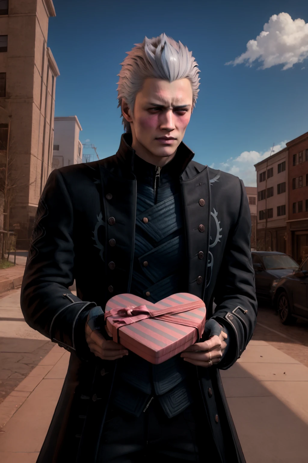 High Quality, Masterpiece, 1boy, IncrsVGiftBoth, <lora:IncomingValentineGiftPOVTwoHands:1>, shy, blush, awkward, vergil(dmc5), <lora:Char_DMC_Vergil:0.75>