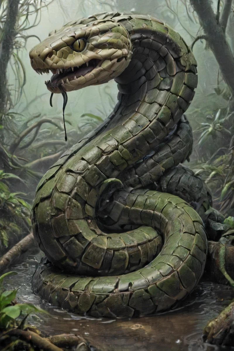 rendition of a heavy platted and coiled (mech:0.5)-(snake:1.3) in (armored:1.1) scales slithering trough a swamp, <lora:- SDXL - heavy_armored_V2.1:1>