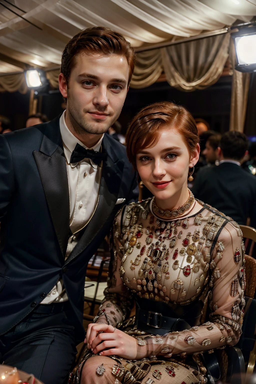 "Draco Malfoy and Hermione Granger are elegantly positioned in a luxurious private box at a high-end fashion show. Draco, tall and commanding, wears his platinum blond hair impeccably styled and the iconic Slytherin robes, portrayed famously by Tom Felton. Hermione, in a stunning red outfit, exudes elegance and charm with her brown hair cascading softly over her shoulders, famously portrayed by Emma Watson. As they observe the fashion show, a subtle camaraderie is evident between them, despite their past differences, amidst the glamorous atmosphere of the event."