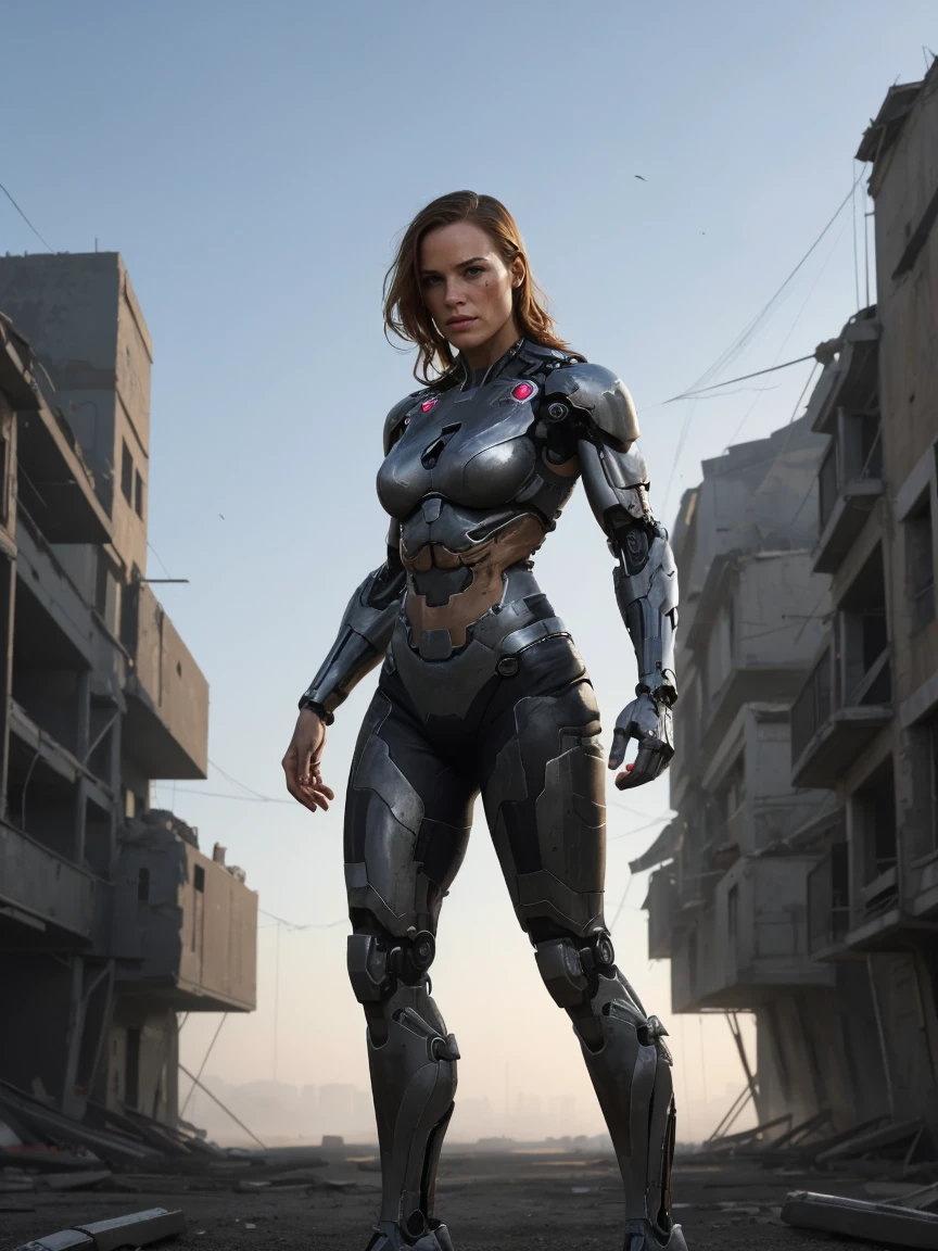 AJGC, cyborg woman solider, half human half robot, standing in a ruined town, cinematic, high detail, masterpiece <lora:AJGC_sd15_scaled:0.75>