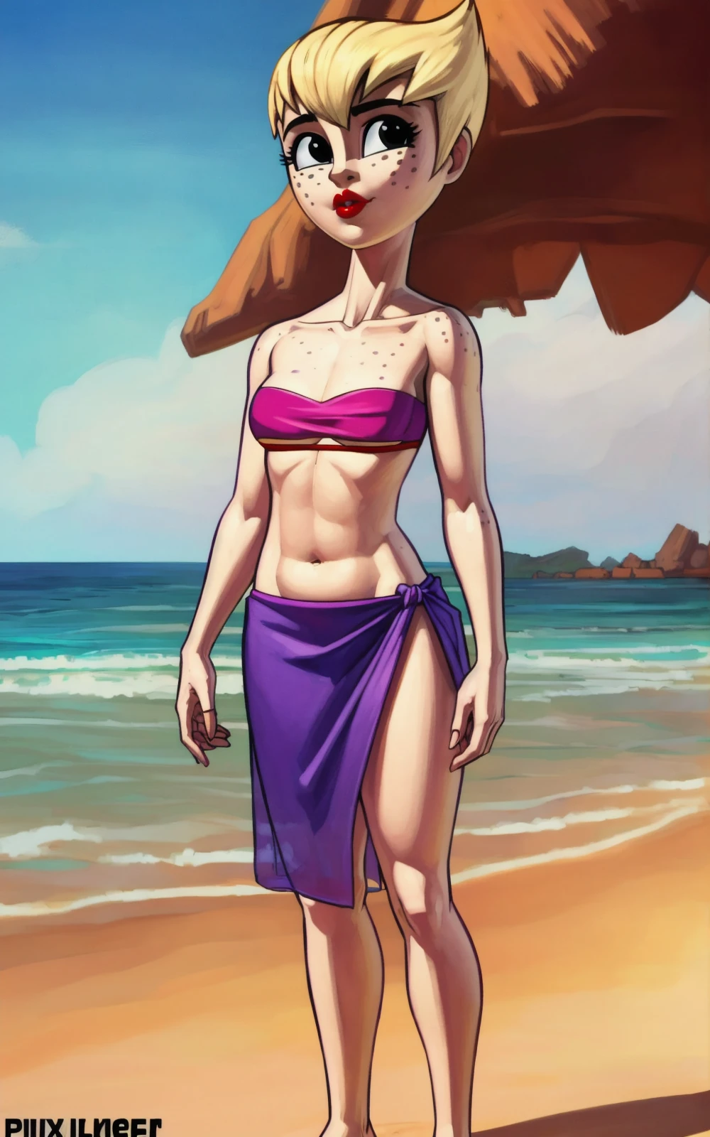 8k,4k,((Best quality, masterpiece, ultra high resolution)),((full body, by pixelsketcher)), <lora:PrincessIlana:1>,PrincessIlana,blonde hair, red lips, black eyes, lipstick, freckles, beach, bandeau,purple bandeau,short hair,looking at viewer,sarong,human