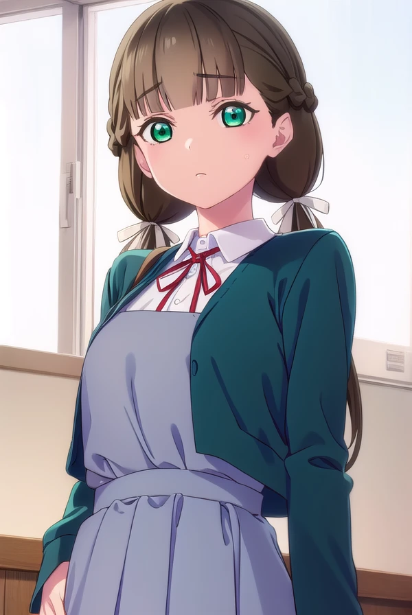 kinakosakurakouji, <lora:kinako sakurakouji s2-lora-nochekaiser:1>,
kinako sakurakouji, long hair, bangs, brown hair, twintails, (green eyes:1.3), hair ribbon, braid, blunt bangs, low twintails,
BREAK shirt, dress, ribbon, school uniform, jacket, white shirt, open clothes, collared shirt, open jacket, red ribbon, neck ribbon, blue jacket, pinafore dress, grey dress, yuigaoka school uniform,
BREAK indoors, classroom,
BREAK looking at viewer, (cowboy shot:1.5),
BREAK <lyco:GoodHands-beta2:1>, (masterpiece:1.2), best quality, high resolution, unity 8k wallpaper, (illustration:0.8), (beautiful detailed eyes:1.6), extremely detailed face, perfect lighting, extremely detailed CG, (perfect hands, perfect anatomy),