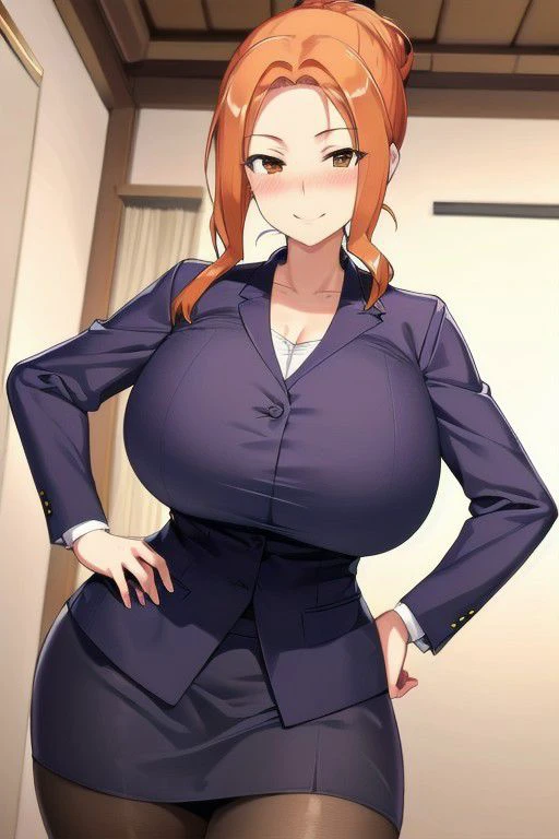 HDR,UHD,8K, best quality, masterpiece, Highly detailed, extreme detail description, 1girl, solo,
Tachibana Kyouka, hair bun, orange hair, sidelocks, brown eyes, gigantic breasts, mature female, pale skin,
business suit, black jacket, white shirt, long sleeves, formal suit, office lady, skirt, tights,
hand on hip, smile, indoor