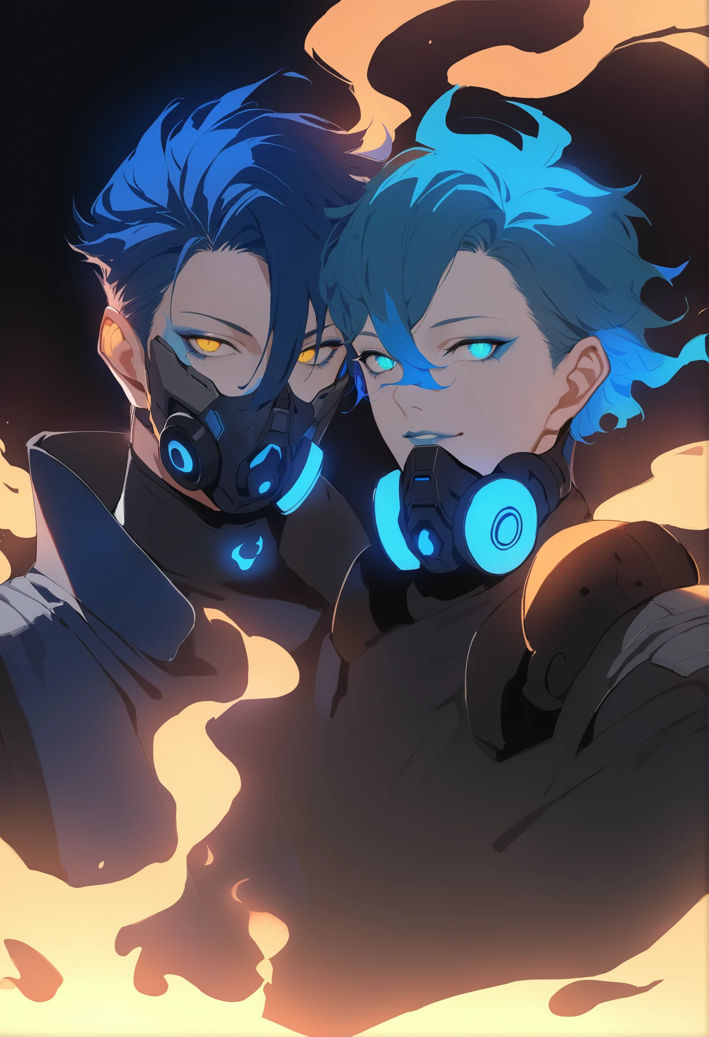 masterpiece, best quality, <lora:DPOXL:1> <lora:sola7764XL_V1:1>
multiple boys, yellow eyes, 2boys, blue hair, looking at viewer, blue lips, brothers, male focus, blue fire, makeup, fiery hair, smile, bangs, siblings, short hair, wavy hair, fire, glowing, respirator, hair between eyes, mask, long sleeves, eyeshadow, long hair, glowing eyes, hand on another's head, grin, headphones, simple background, covered mouth, black background, mechanical parts, jacket