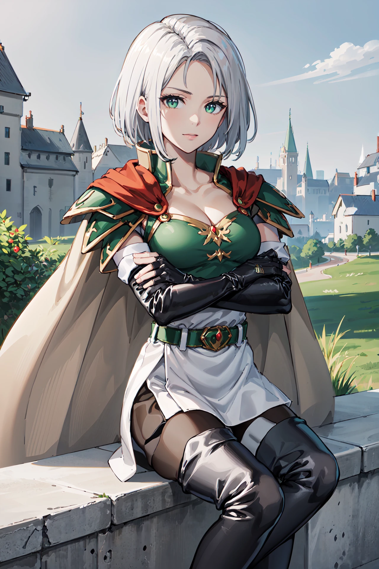 upper body,crossed arms, <lora:amaldaV3:0.85>,amalda,looking at viewer,thigh boots, cape, thighhighs,armor, elbow gloves, fingerless gloves, black footwear, pantyhose, cleavage, belt, shoulder armor, dress,skirt,outdoors,castle,sunlight, (masterpiece, best quality, ultra-detailed, best shadow)