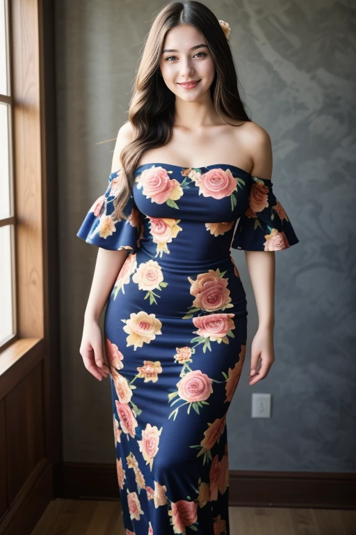 ((1 girl, 22 y.o, Masterpiece, best quality, cinematic lighting, 8k, full body shot, long hair, hourglass body)), (smile:0.85), (realistic background:1.2)
<lora:Long_Dress_H6_By_Stable_yogi:1> blue off-shoulder dress, floral print