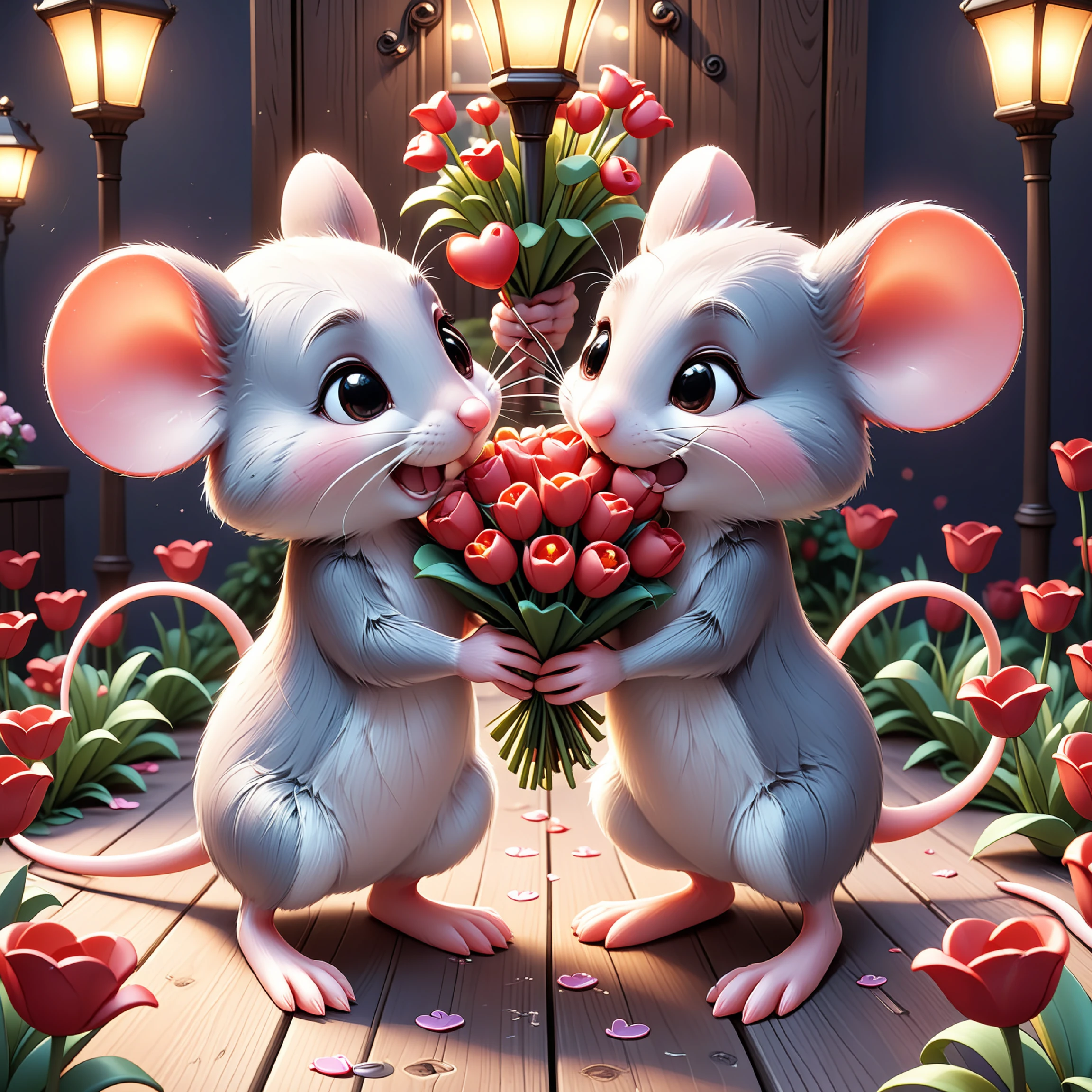 mic3, Two mice sit at a tiny table on a red floral-patterned rug, surrounded by a lush garden illuminated by soft lantern light. They share a moment, noses touching, with two glasses of sparkling beverage before them. The scene is set with romantic mood lighting by numerous candles, both floating nearby and neatly arranged on the ground, intertwining with the rich vegetation and vibrant flowers that envelop the space. In the background, an ethereal glow suggests a water source, with light reflecting and fading into the dark foliage, providing a dreamlike backdrop to this enchanting rendezvous. 4k ultra , hyper, mega