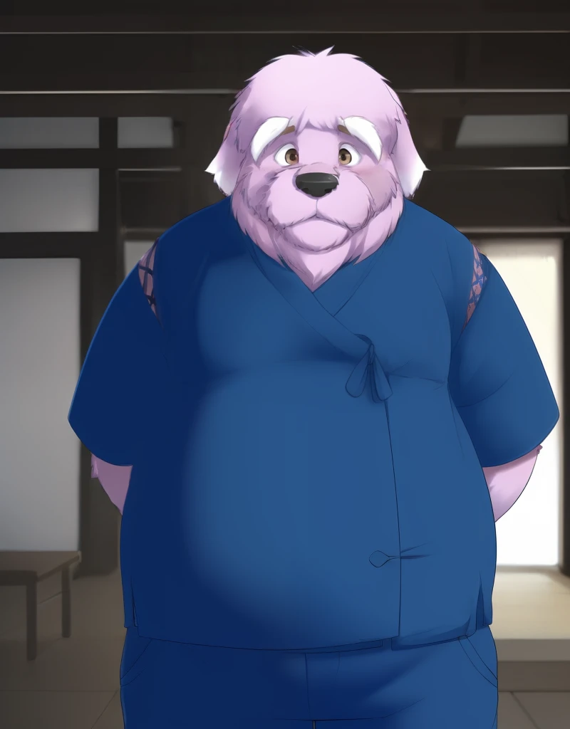 (((detailed eyes, detailed face))), (furry, shigure <lora:character_shigure_findigo_v1_2:0.9>, purple hair, facial hair, white thick eyebrows, dog boy, snout, old man, brown eyes), male, (solo), (plump, fat, chubby, overweight), (blue kimono, short sleeves, blue pants), standing, (arms behind back), smile BREAK (konzaburou, ukan_muri, cute), bedroom, (flat shading, flat color, high brightness), 8k, UHD, masterpiece, (full body)