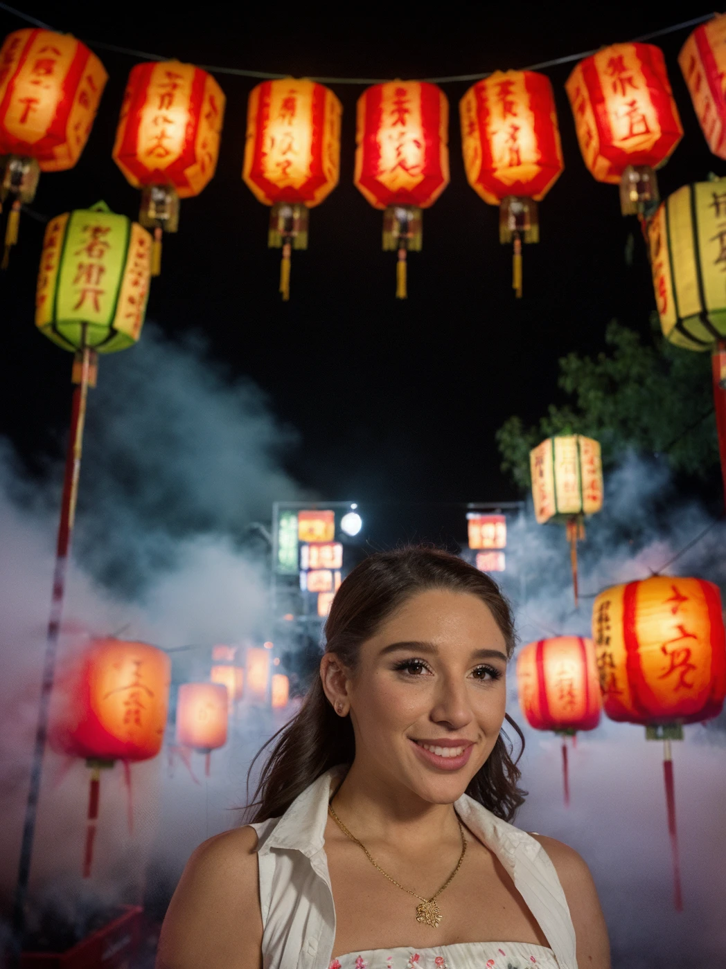 <lora:quiron_AbellaDanger_v1_lora:0.87> AbellaDangerQuiron, a woman,, festival party, lights, fireworks, chinese festival, crowded, new year celebration ,
east asian architecture, paper lantern, realistic, , red (Chinese lanterns ) in background, fog, fireworks and fog far background, fire, lighting, intricate detailed,