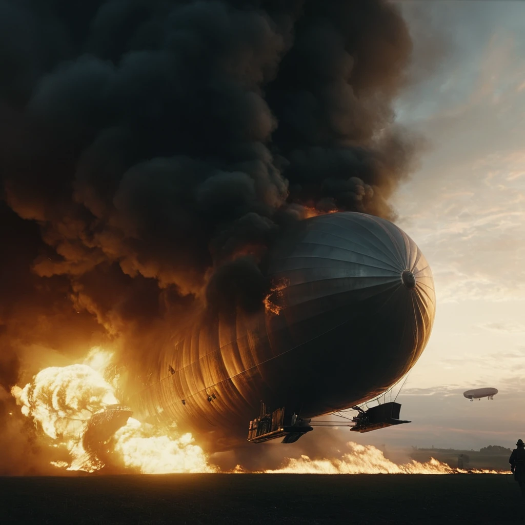 cinematic film still of  <lora:Battlefield ww1 style:1>
a large fire is coming out of a large airship, battlefield ww1 style,no humans,fire,scenery,smoke,science fiction,aircraft,explosion,vehicle focus,spacecraft , war, war zone, battle, warrior, soldier, dark themed, cinematic, film look, world war 1, first world war, ww1, military, dramatic light, shallow depth of field, vignette, highly detailed, high budget, bokeh, cinemascope, moody, epic, gorgeous, film grain, grainy