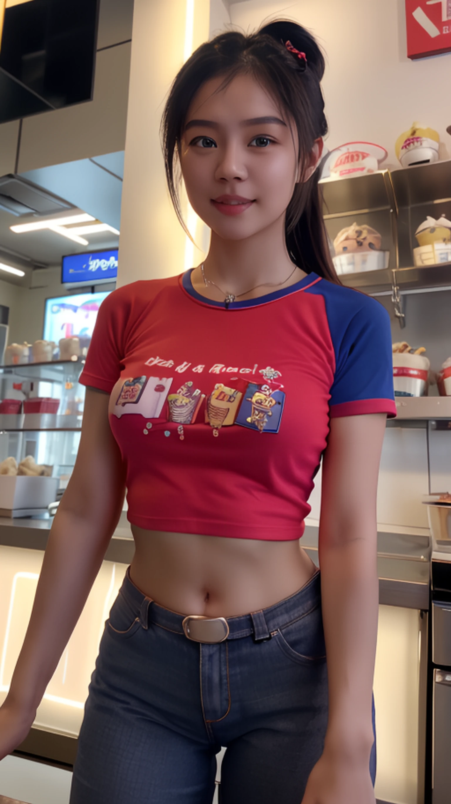 ice_cream_girl_v2, photography and r/nsfw and r/amateur and rNude_Selfies, (masterpiece:1.2), (best quality:1.2), (extremely detailed:1.2), (cinematic lighting, perfect lighting, blooming), Thai young girl wearing bikini and  ((red longtail t-shirt, blue collar, blue sleeve)), no pants, in ice cream shop,  receptionist, portrait  <lora:ice_cream_girl_v2:0.7>