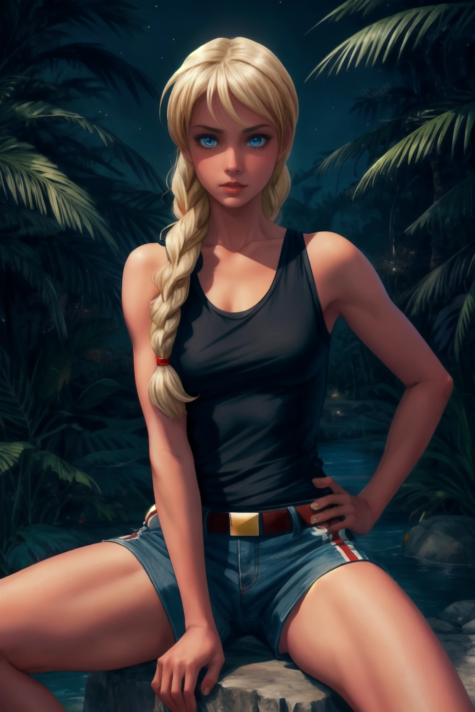 sl, 1girl, solo, blonde hair, long hair, twin braids, blue eyes, Mike Mayhew, Benjamin Marra, 1.85:1 aspect ratio, desert, fear, luxury fabrics, flat chest, imageboard colors, Leica M3 Double Stroke Camera, virtual reality, stylized render, rainforest (temperate), cowgirl position, Dead Sea, muscle shirt, night sky, nihonga, SEGA, workshop, Close-up, Sitting with hands on hips,