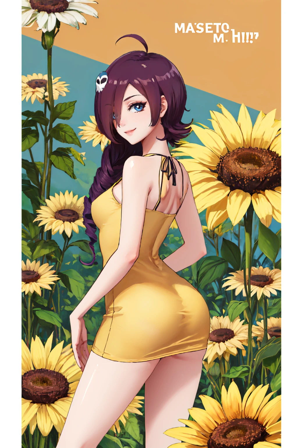 (masterpiece, best quality:1.2), solo, 1girl, zone-tan, smile, looking back, hair over one eye, ahoge, drill hair, skull hair ornament, yellow sundress, flower field <lora:newgrounds_zone-tan-10:1> <lora:YellowSundress-45:1>