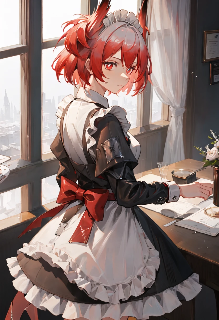 best quality, masterpiece, highres, solo, {fiammetta_arknights:0.90}, {maid:1.40}, {long maid dress:1.15}