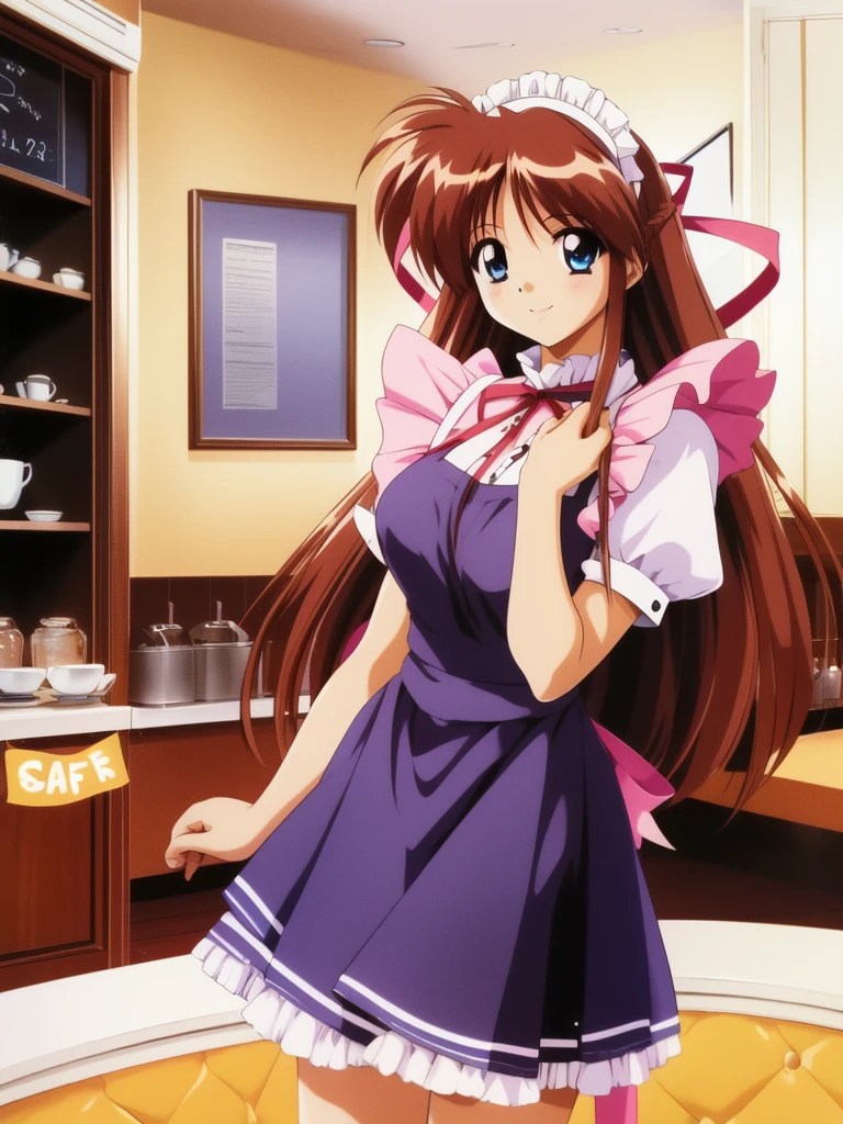 <lora:Hinomori_Azusa:0.9>, HinomoriAzusa, 1girl, solo, brown hair, long hair, ribbon, smile, maid, blue eyes, dress, apron, hair ribbon, waitress, v arms,cafe, restaurant, room,
masterpiece, high quality, very_high_resolution, large_filesize, full color,