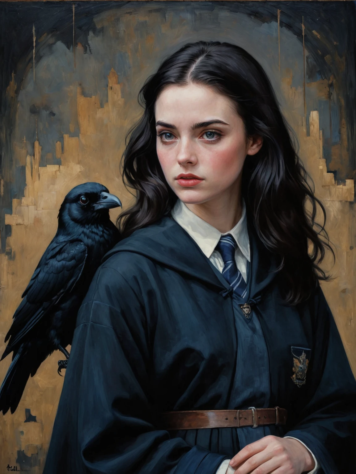 by Arturo Souto, by Brad Kunkle and wlop in the style of Daniel Merriam, solo, girl, cute 18 year old woman and her black pet raven, ravenclaw uniform, digital painting, pale skin,highly detailed face,black hair, seducing facial expression,wearing a black robe, 1950s,dark background,warm colors, RAW candid cinema,16mm,color graded portra 400 film,remarkable color,ultra realistic,, captured on a (Nikon D850)defiant facial expression <lora:harry_potter_v1:1>