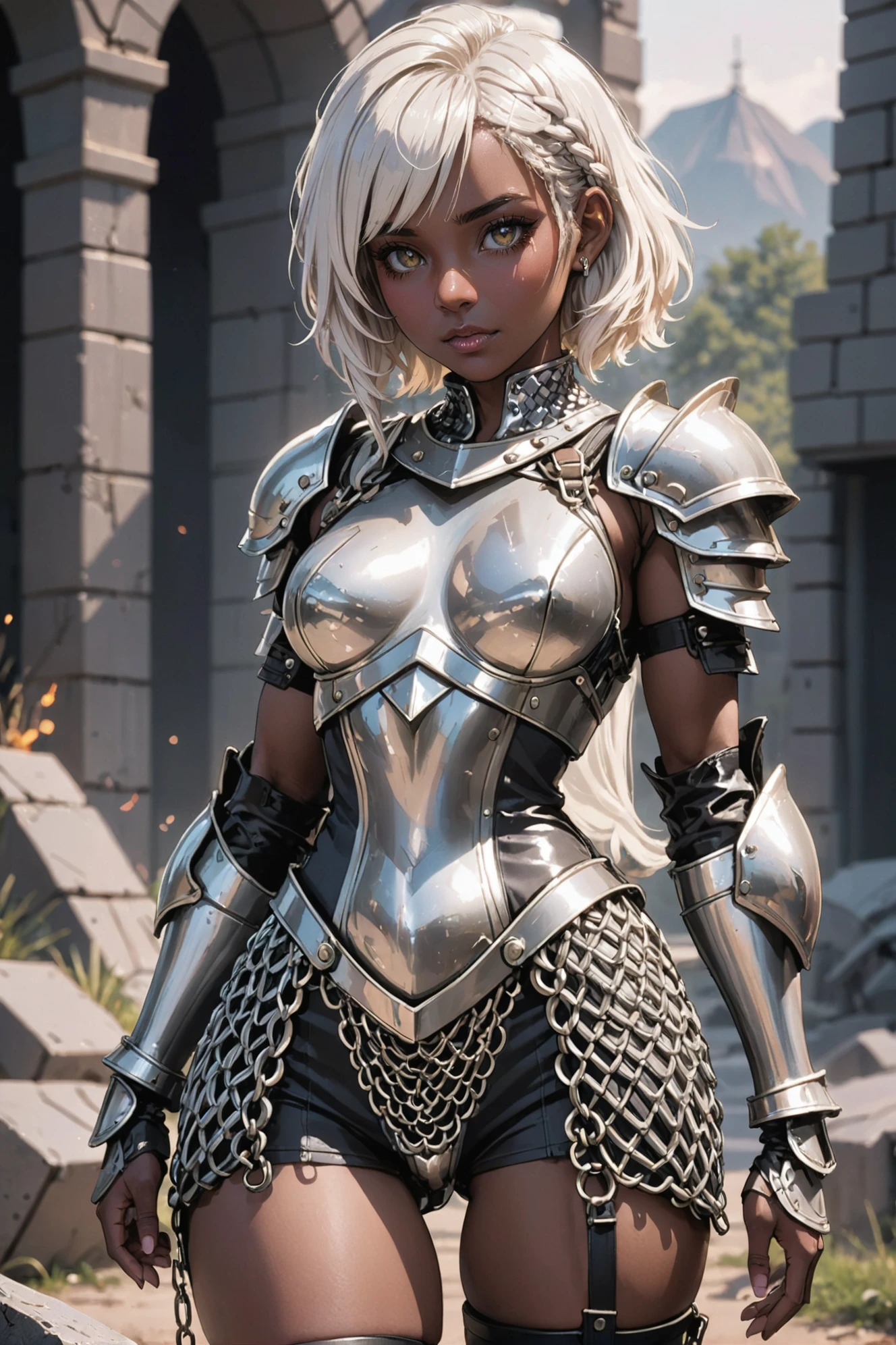 photograph, cinematic lighting, 1girl, woman, rough digital painting, (full body:1.25), 1girl, solo, [:fantastical costume design,:0.2] demolitionist, glowing antiquewhite (ancient chainmail greaves,helmet,pauldrons,chestplate:1.4), caucasian, bombshell white hair with multicolor highlights, bob cut, (slim:1) build, simple background, rpg character concept art, bombshell hair, platinum hair, Waterfall Braid, hourglass figure, (dark skin:1.3), Montane Grasslands<lora:EnvyBetterHiresFixXL01:0:hr=1>