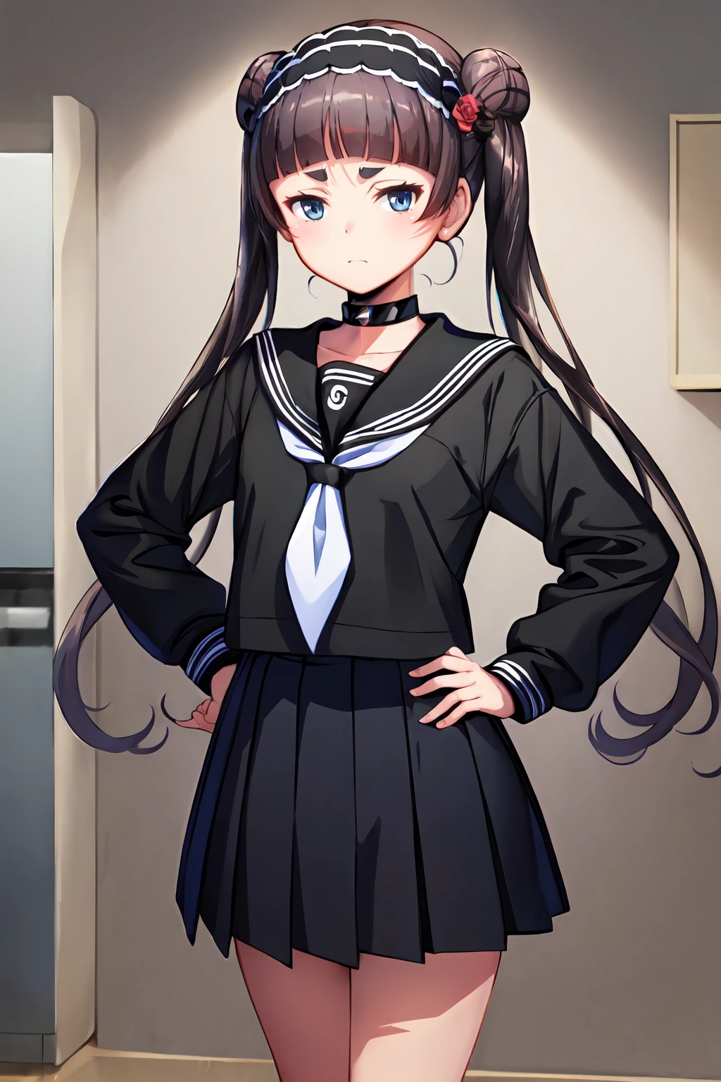 (masterpiece, best quality:1.2), highres, anime screencap, anime coloring, 1girl, solo, frown, closed mouth,
krtk_V1, brown hair, black hair, long hair, twintails, double bun, blunt bangs, short eyebrows, thick eyebrows, blue eyes,
black hairband, frilled hairband, hair flower, black choker, spiked choker
BREAK school uniform, black serafuku, black shirt, black sailor collar, long sleeves, white neckerchief, black skirt, pleated skirt,
standing and spread legs, hands on hips,
looking at viewer, cowboy shot, indoors,
<lora:add_detail_CyberAlchemist:0.4>, <lora:GoodHands-beta2:0.8>, <lora:krtkV1_1-000009:0.9>