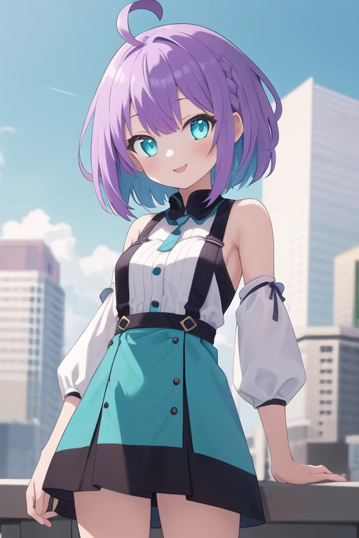(masterpiece, best quality, high quality, highres, ultra-detailed),1girl,purple hair,braided bangs,short hair,aqua eyes,standing,looking at viewer,ahoge,colored inner hair,happy,