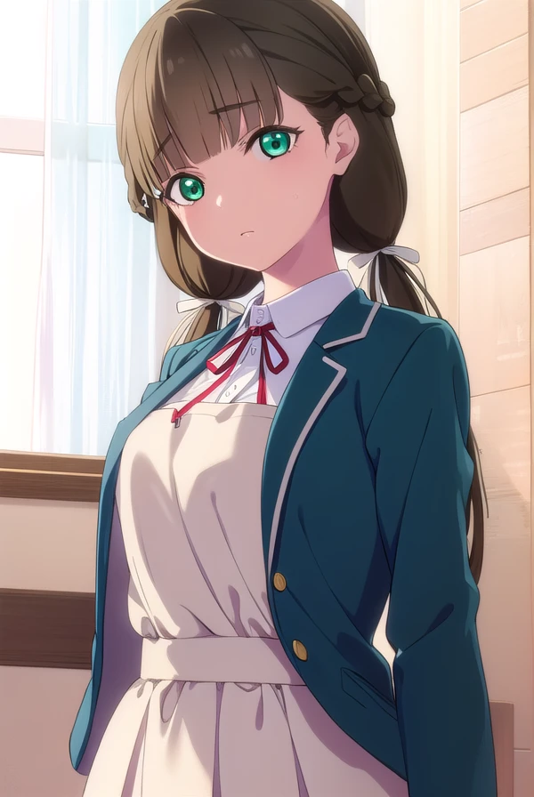 kinakosakurakouji, <lora:kinako sakurakouji s2-lora-nochekaiser:1>,
kinako sakurakouji, long hair, bangs, brown hair, twintails, (green eyes:1.3), hair ribbon, braid, blunt bangs, low twintails,
BREAK shirt, dress, ribbon, school uniform, jacket, white shirt, open clothes, collared shirt, open jacket, red ribbon, neck ribbon, blue jacket, pinafore dress, grey dress, yuigaoka school uniform,
BREAK indoors, classroom,
BREAK looking at viewer, (cowboy shot:1.5),
BREAK <lyco:GoodHands-beta2:1>, (masterpiece:1.2), best quality, high resolution, unity 8k wallpaper, (illustration:0.8), (beautiful detailed eyes:1.6), extremely detailed face, perfect lighting, extremely detailed CG, (perfect hands, perfect anatomy),