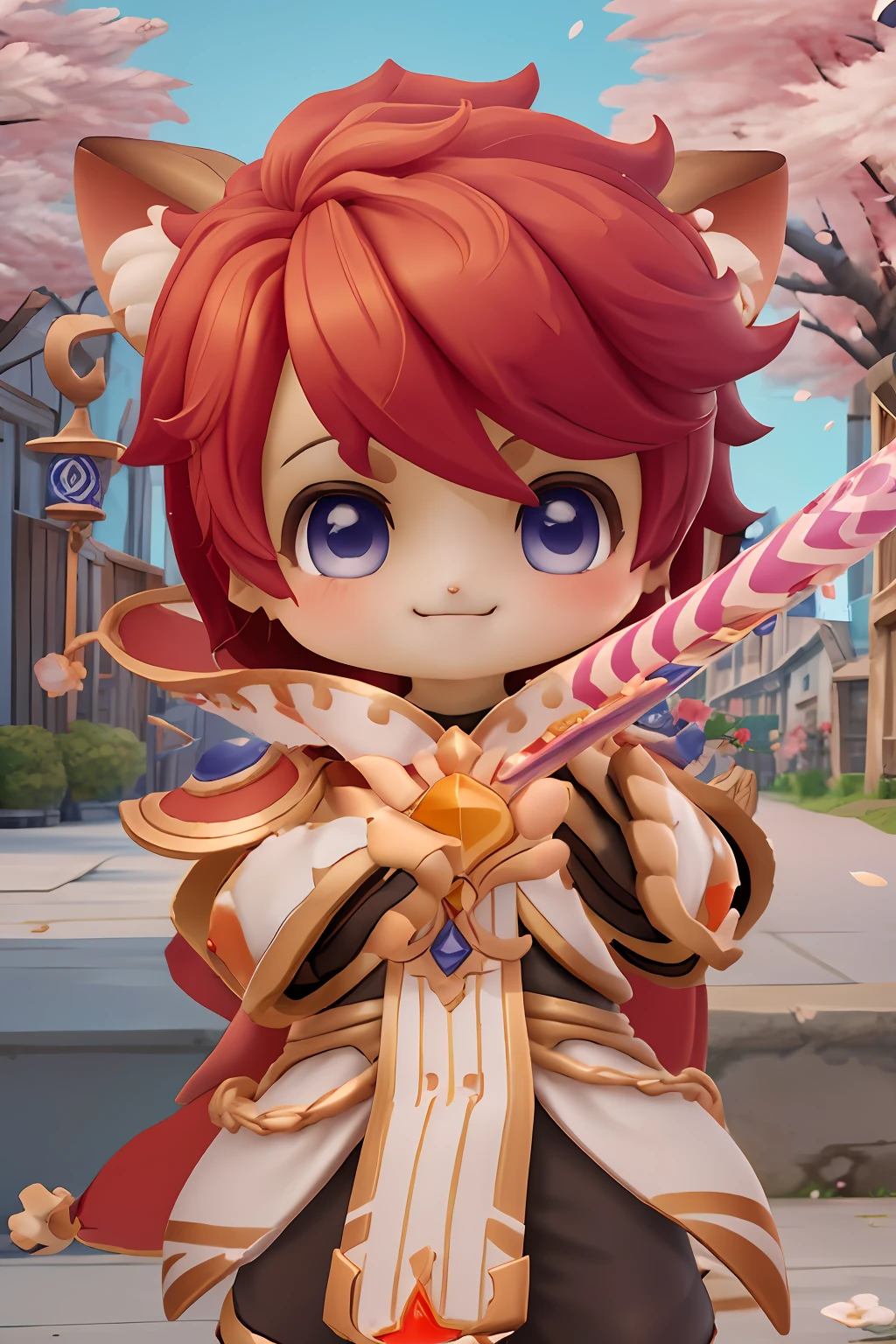 chibi, masterpiece, best quality, ultra-detailed, 1boy, solo, red hair,  ragnarok_doram_m, smile, holding candy, holding lollipop,  cowboy shot, looking at viewer,  cherry blossoms, Golden hour gleam theme, vivid colors, tranquil and magical atmosphere, cartoon rendering,
<lora:ragnarok_doram_m-10:0.8> <lora:add_detail:0.5>