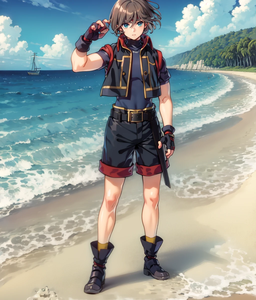 masterpiece, anime screencap, 1 boy, solo, short hair, brown hair, black outfit, shorts, fingerless gloves, outdoors, beach, pirate ship, cowboy shot, full body <lora:Lazlo:1>
