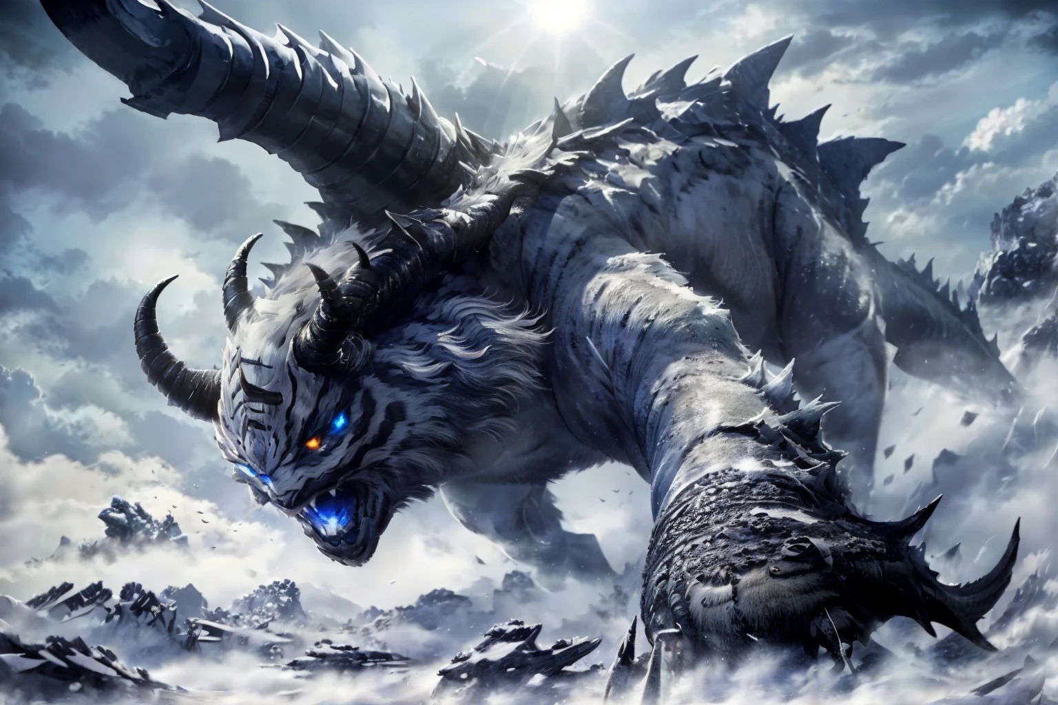 shanhai,no humans,cloud,white tiger,sky,(monster:1.3),mountain,sunlight,day,cloudy sky,<lora:shanhai_20240210174002:0.8>,snow,ice,winter,(glowing eyes:1.4),(horns:1.3),