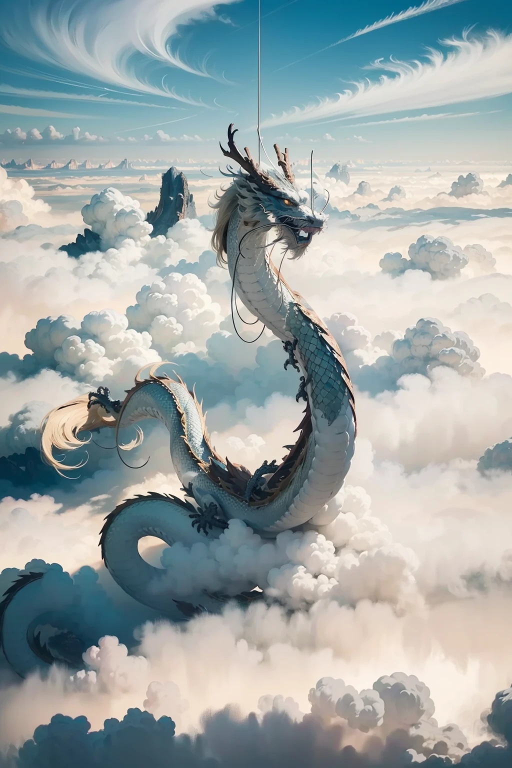 loong,cloudy sky,claws,eastern dragon,long tail,whiskers,chinese new year,cloud,no humans,gunzan,sky,cloud horizon,sun,outdoors,QINGLONG,SOLO,(Science fiction),((Soaring in the clouds and riding in the fog)),(((The dragon body disappears and appears in the clouds))),(full body:1.3),(ink wash painting:1.2),east asian architecture,<lora:0221 loong_v2:1>,ruanyi0221,snake body,(((floating in the clouds))),, best quality,masterpiece,highres,official art,extremely detailed cg unity 8k wallpaper