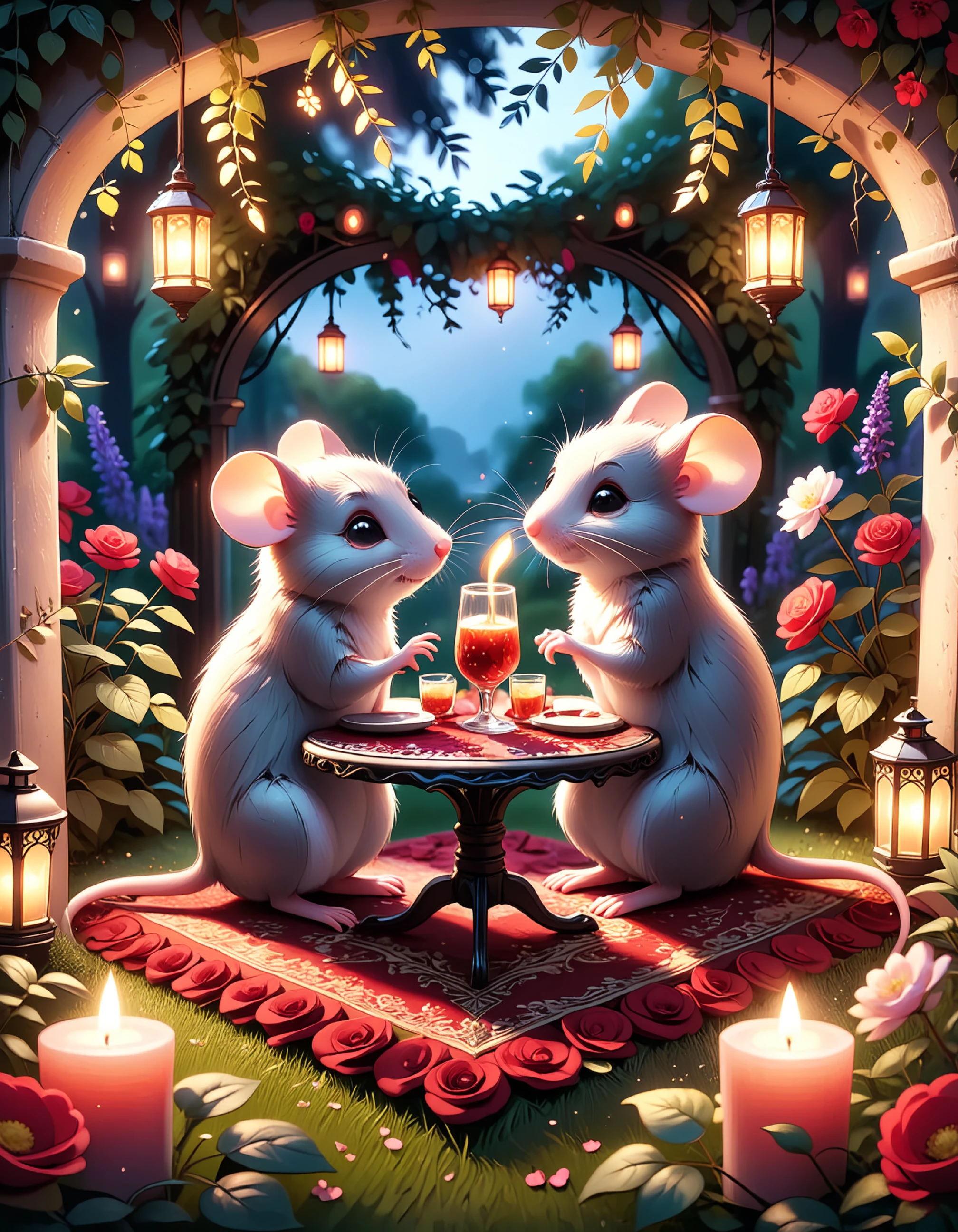 mic3, Two mice sit at a tiny table on a red floral-patterned rug, surrounded by a lush garden illuminated by soft lantern light. They share a moment, noses touching, with two glasses of sparkling beverage before them. The scene is set with romantic mood lighting by numerous candles, both floating nearby and neatly arranged on the ground, intertwining with the rich vegetation and vibrant flowers that envelop the space. In the background, an ethereal glow suggests a water source, with light reflecting and fading into the dark foliage, providing a dreamlike backdrop to this enchanting rendezvous. 4k ultra , hyper, mega